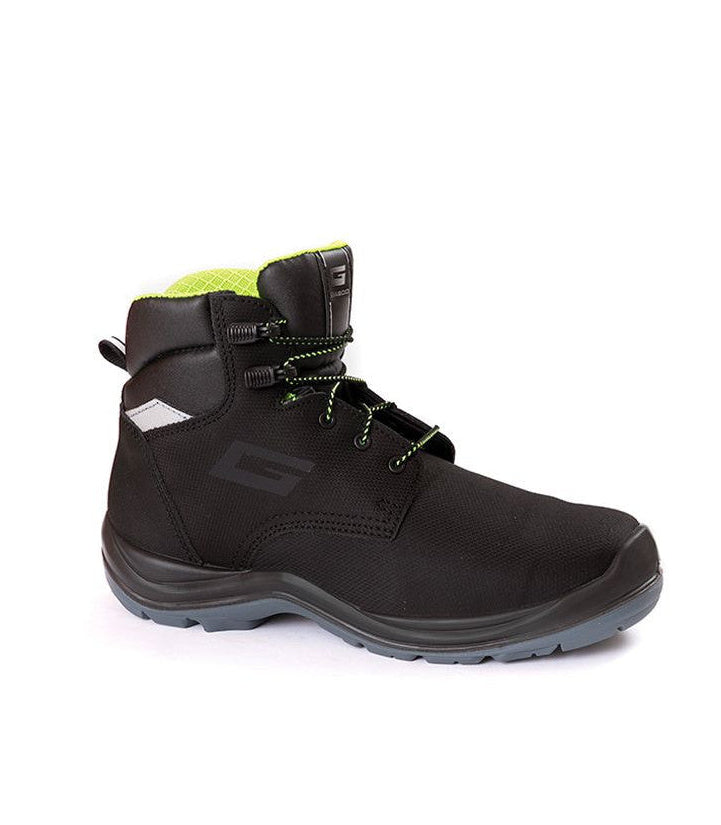 A black mid-cut safety boot with lime green accents on the collar lining and laces, shown from a side profile on a white background.